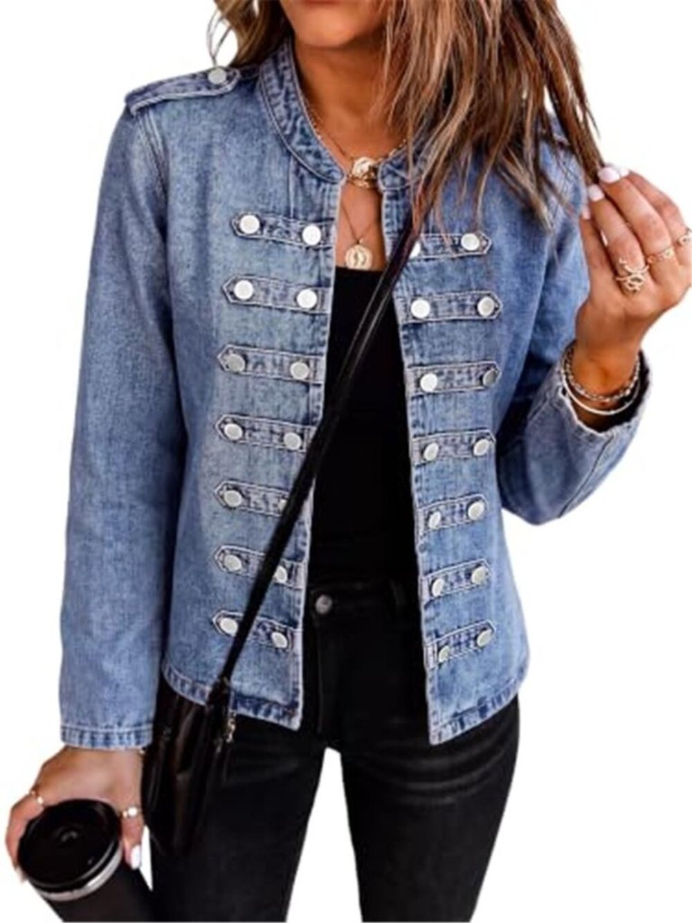 Women's Military Denim Jacket Long Sleeve Jeans Jacket